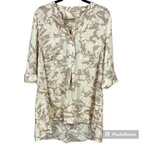 SOFT SURROUNDINGS Large Roselyn Tunic Top Popover Floral Taupe Cream 3/4 Sleeve